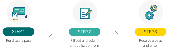 STEP1.입장권 구매 > STEP2.등록신청서 작성 및 제출 > STEP3.출입증 수령 및 입장